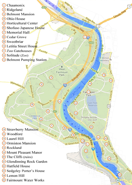 Map showing the location of Laurel Hill Mansion and other historic houses in Fairmount Park, Philadelphia PA