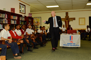 Scott Griffiths a lawyer from Rawle and Henderson Law Firm addresses student participants during the 2015 Constitution symposium at Holly Cross, a program of Woman For Greater Philadelphia.