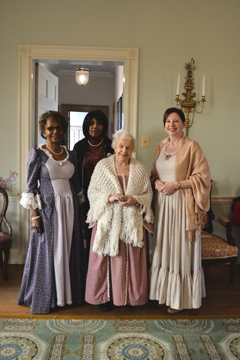 Volunteers in colonial costume for the holidays at Laurel Hill Mansion  
