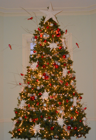 A tree decorated for the 2021 holiday season at Laurel Hill Mansion