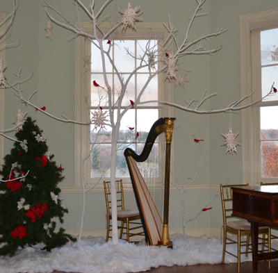 Painted white tree branches were some of the 2021 holiday decorations at historic Laurel Hill Mansion an East Fairmount Park house in Philadelphia PA