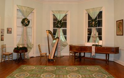 the historic octagonal music room of Laurel Hill Mansion with the pianoforte