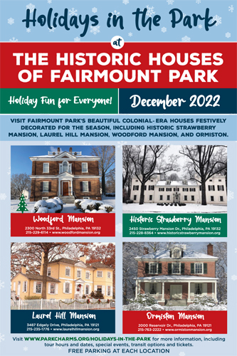 Postcard for the 2022 holiday tours of four historic East Fairmount Park houses in Philadelphia PA