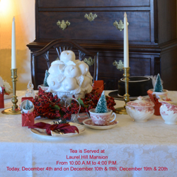 The dining room table decorated for the holidays at Laurel Hill Mansion and an invitation to tea