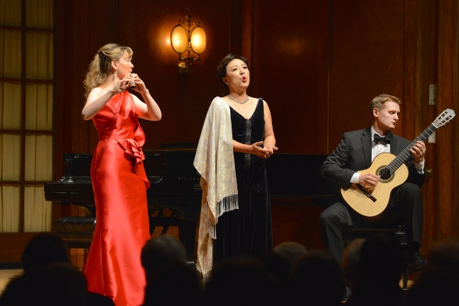 Photograph of The Dolce Suono Ensemble, Mimi Stillman-flute, Misoon Ghim-mezzo soprano, Gideon Whitehead-guitar performing.  The aclaimed ensemble will play at the historic Philadelphia Park house Laurel Hill Mansion on July 12, 2015