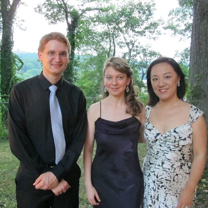 Photograph of Dolce Suono Ensemble at Laurel Hill Mansion on the occasion of their Sunday, July 13, 2014 concert sponsored by Woman for Greater Philadelphia. From left to right are Gideon Whitehead, guitar, Mimi Stillman, flute and Misoon Ghim, mezzo-soprano.     