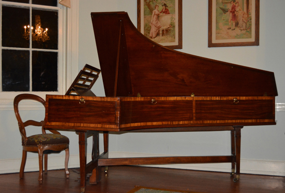 photograph of the beautiful pianoforte at Laurel Hill Mansion.  The pianoforte can be heard during the summer concert series at Laurel Hill Mansion