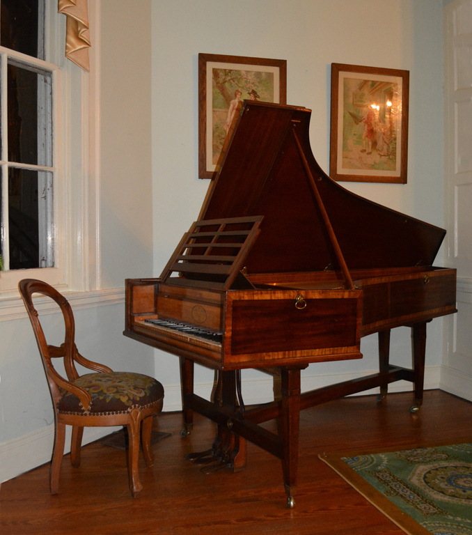 Photograph of the piono forte in the music room at Laurel Hill Mansion where concerts of chamber music are held.