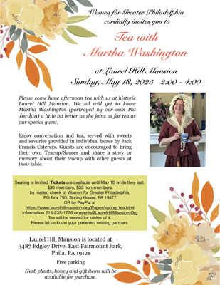 Image of the 2025 invitation to the Spring Tea at historic Laurel Hill Mansion in Philadelphia PA with a link to print the invitation