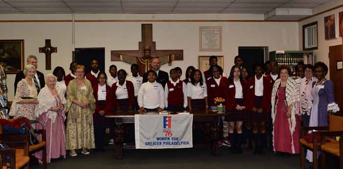 Photograph of the Students, Teacher, Liberian, Principal, Education Committee of Women for Greater Philadelphia and Lawyer involed in the 2016 US Constitution program in Philadelphia