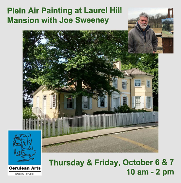 Photograph of Laurel Hill Mansion and artist Joe Sweeney who will give a two day Plein Air Painting workshop on the grounds of Laurel Hill Mansion on October 6th and 7th 2022